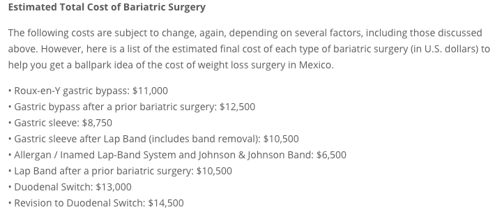 Cost of Mexicali Bariatric Center